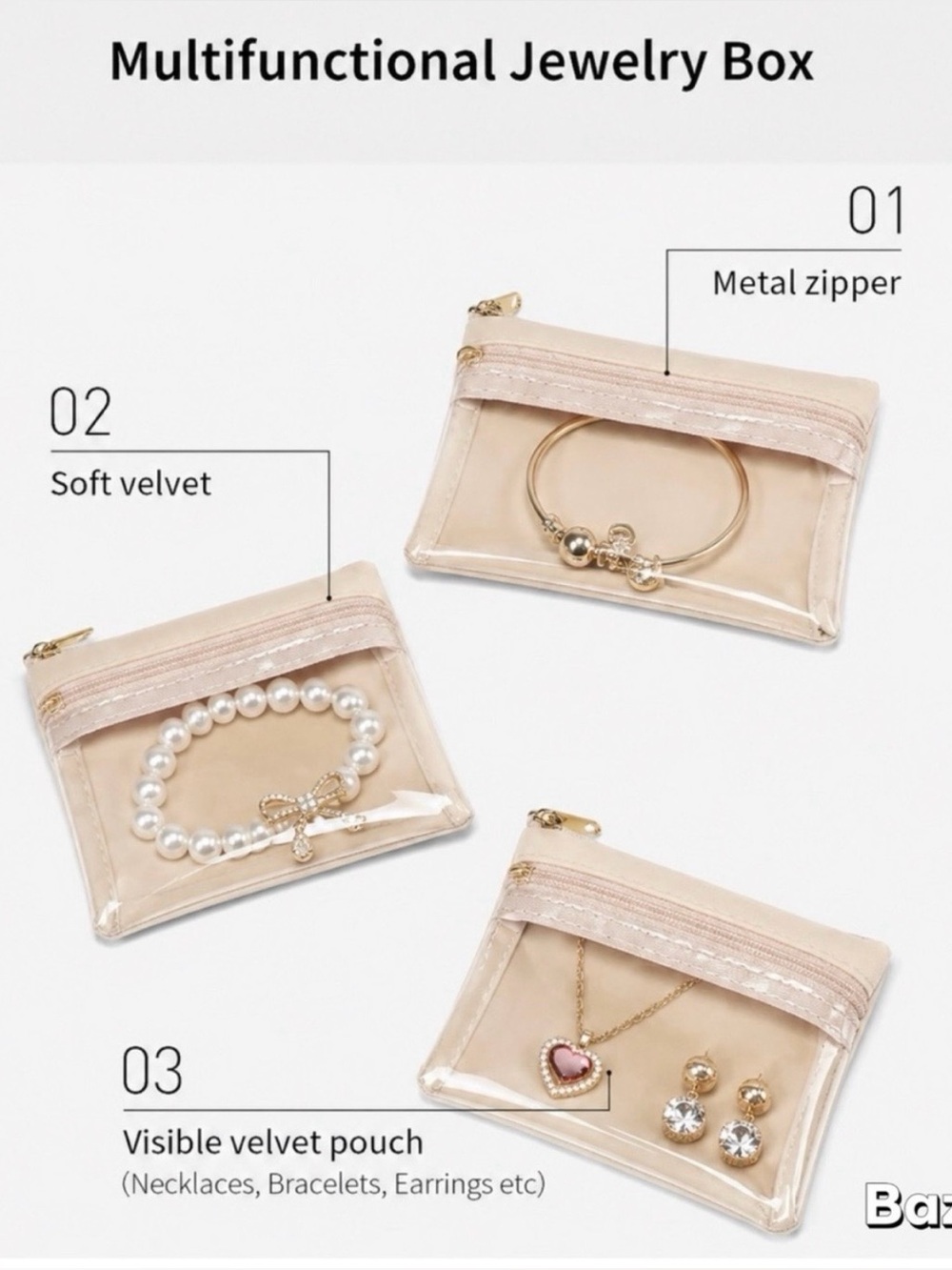 3pc Vlando Travel Jewelry Organizer Velvet Jewelry Pouch Clear Front W/ Zipper